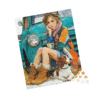 Rustic Country Girl and Dog Jigsaw Puzzle - Vintage Truck and Spaniel Companion 520 pcs (Vertical) Puzzle The Puzzle Chest