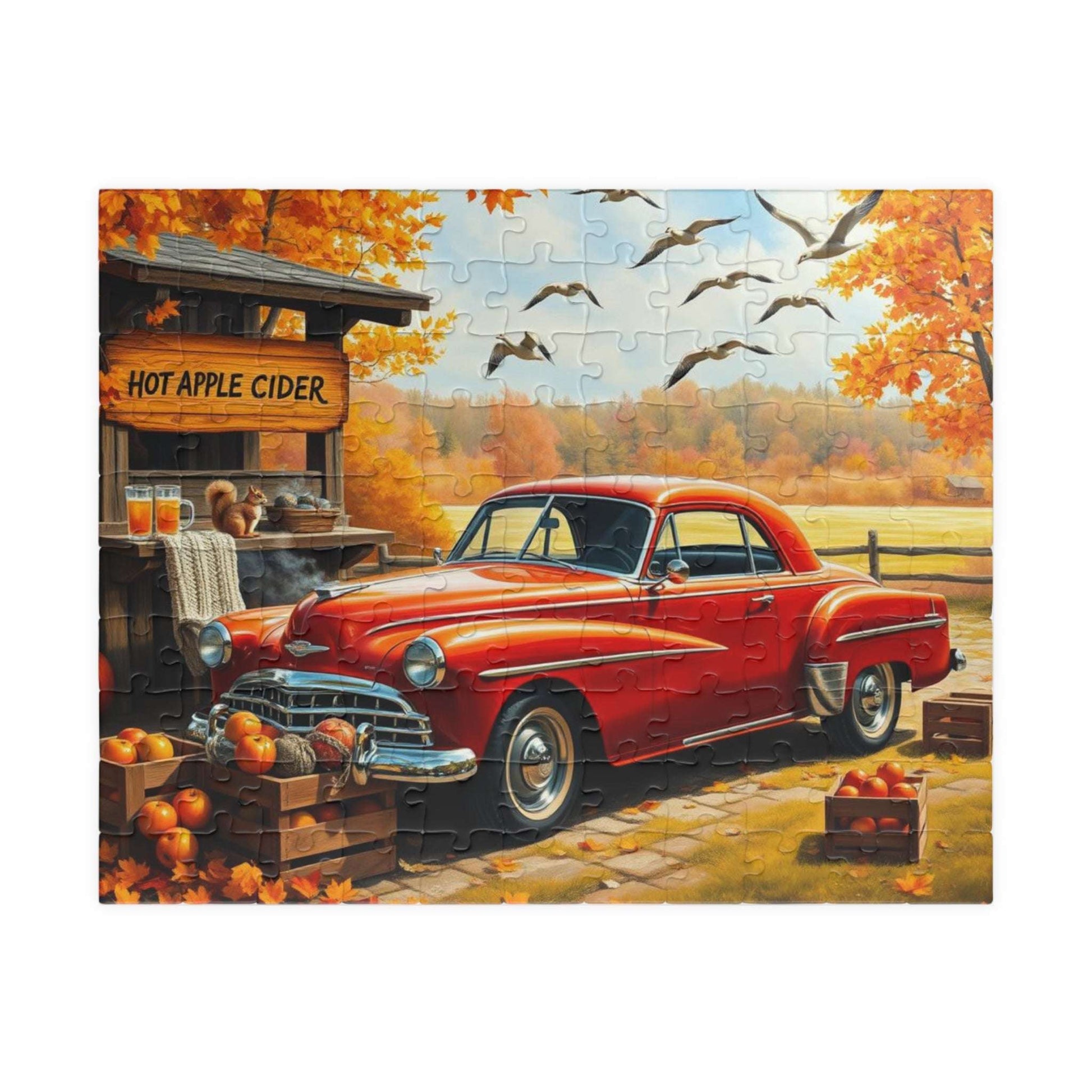 Apple Cider Stand Stop Fall Themed Jigsaw Puzzle - Retro Car Scene, Family Fun Activity, Autumn Decor Gift, Cozy Indoor Entertainment