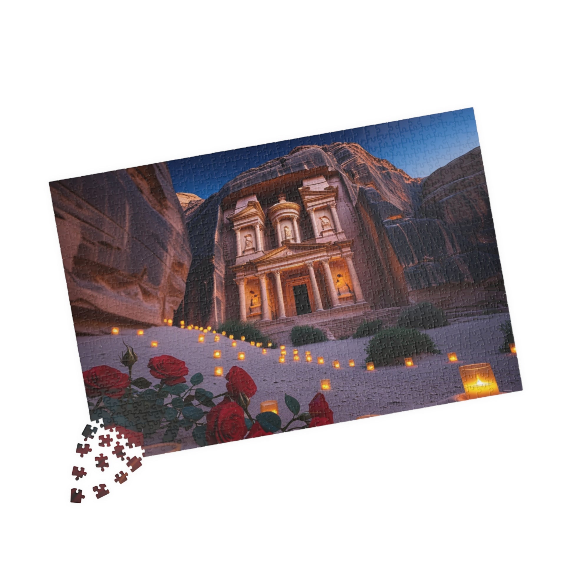 The Treasury at Petras Twilight Jigsaw Puzzle, Famous Ancient Landmark, Candlelit Lanterns Desert Roses, Mindfulness Gift for Puzzle Lover Puzzle The Puzzle Chest