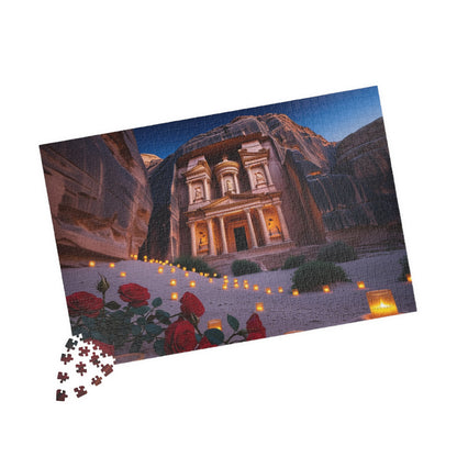 The Treasury at Petras Twilight Jigsaw Puzzle, Famous Ancient Landmark, Candlelit Lanterns Desert Roses, Mindfulness Gift for Puzzle Lover Puzzle The Puzzle Chest