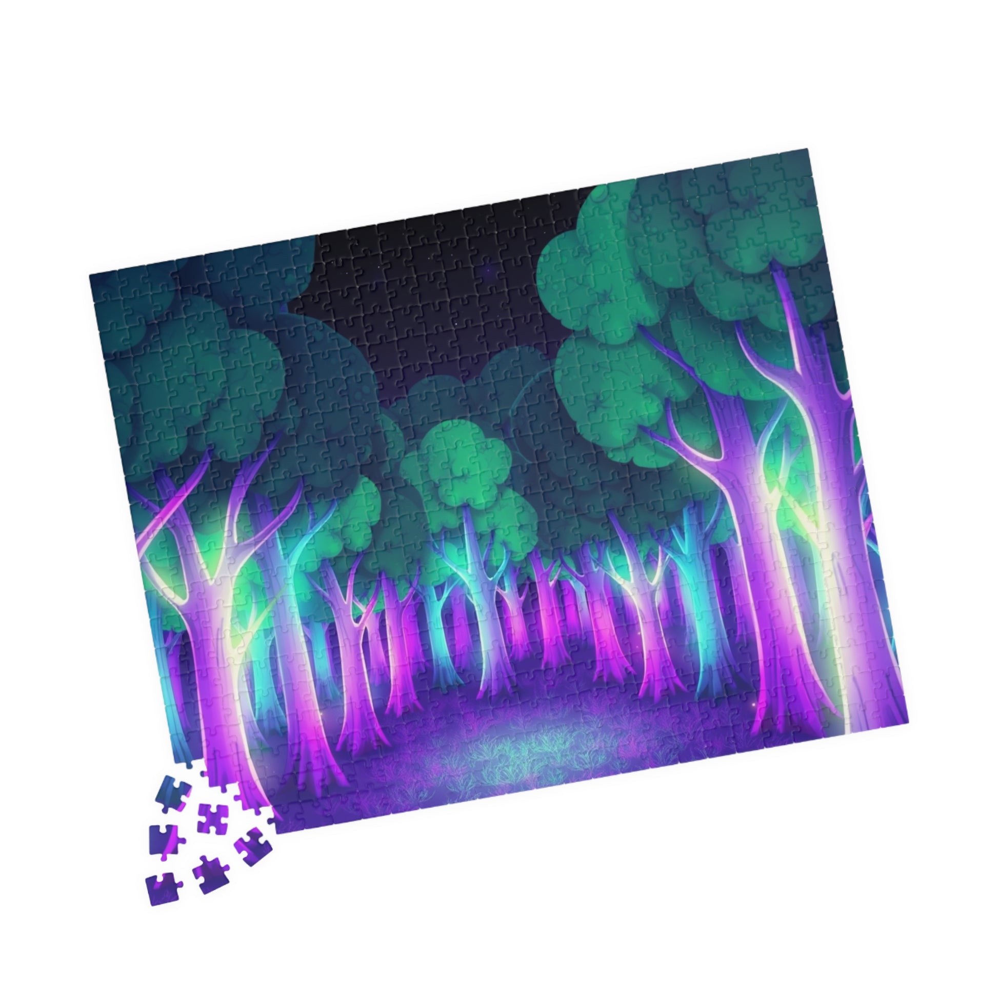 Abstract Forest Landscape Jigsaw Puzzle, Glowing Purple Green Neon Trees, Fantasy Art Puzzle Lover, Quiet Time Leisurely Activity, Fun Hobby Puzzle The Puzzle Chest