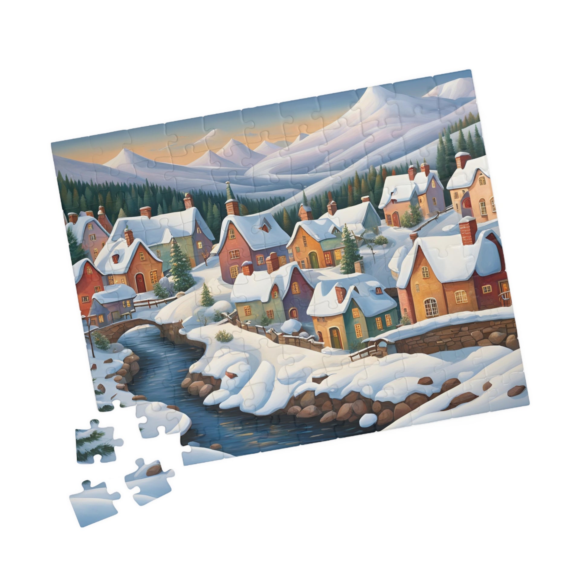 Jigsaw Puzzle, Scandinavian Winter Village, Lake & Mountain View, 110, 252, 520, 1014-Piece. Winter Wonderland Puzzle, Christmas Gift, The Puzzle Chest