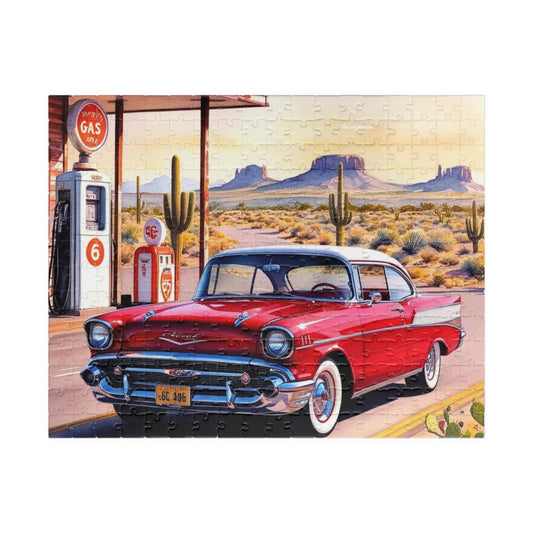 Vintage Vehicle Puzzle, 1957 Chevy Bel Air on Route 66 Retro Gas Station Desert Landscape Scenery, Jigsaw Game for Car Lover, Relaxing Hobby 252 pcs (Horizontal) Puzzle The Puzzle Chest