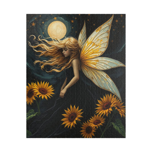 Moonlit Fairy in Sunflower Sky - Ethereal Fantasy Art Jigsaw Puzzle for Solo Fun, Unique Puzzle Lover Gift, Home Decor, Family Activity