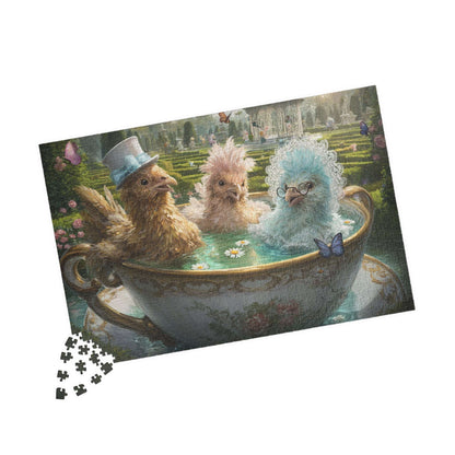 Whimsical Garden Tea Chicken Puzzle – Three Fancy Chickens in Giant Teacup Bath with Flowers, Fairy-Tale Farm Animal Jigsaw 1014 pcs (Horizontal) Puzzle The Puzzle Chest