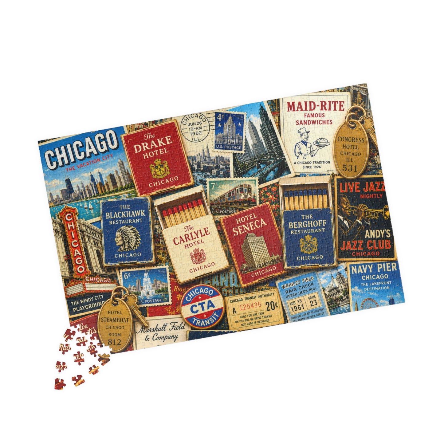 Vintage Chicago Matchbook Puzzle | Windy City Memorabilia Jigsaw | Historic Landmark Retro Midwest Nostalgia