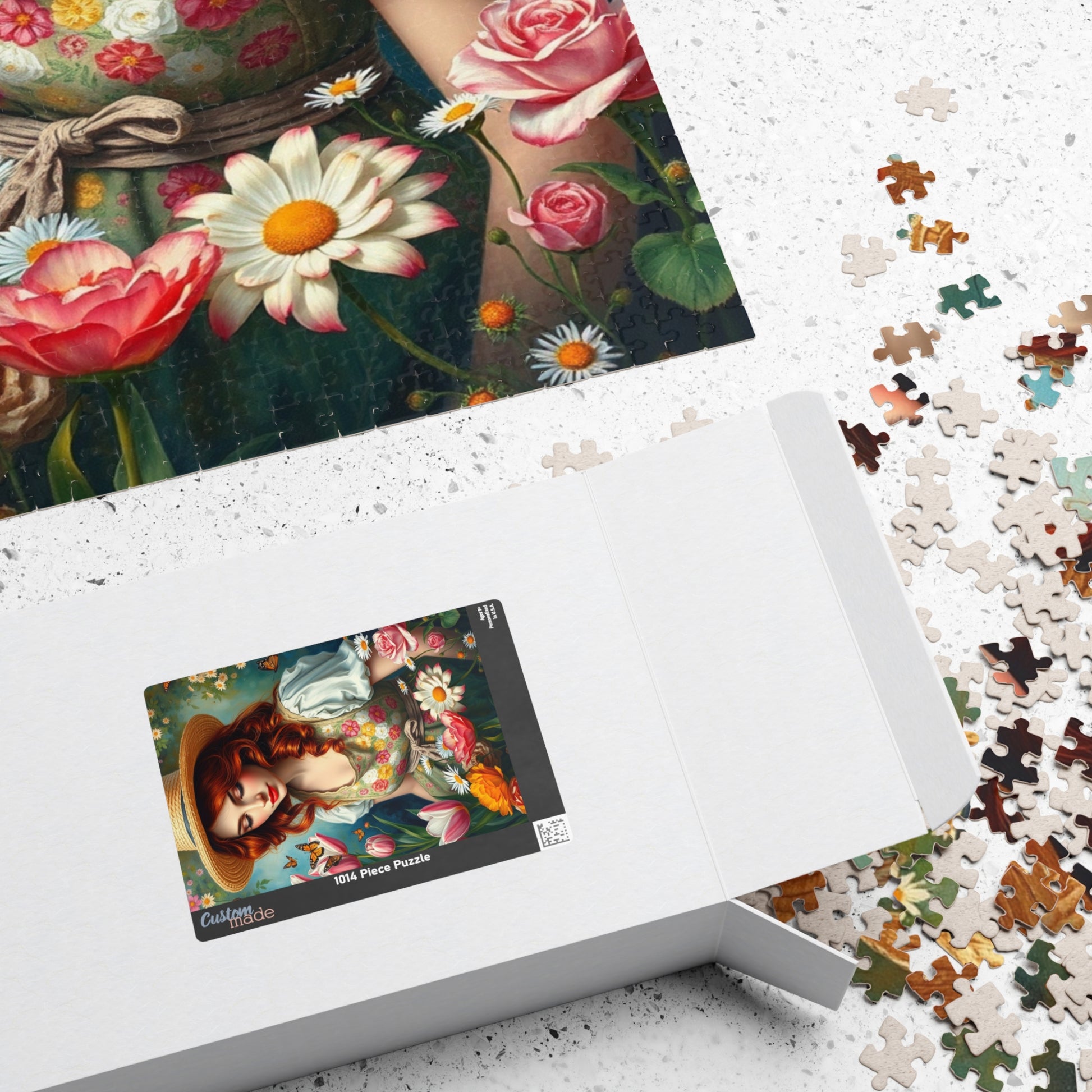 Jigsaw Puzzle, Woman Gardening Among Tulips, Daisies, Roses - 110, 252, 520, 1014-piece, Floral Apron, Straw Hat, Red Hair, Relaxing Puzzle The Puzzle Chest