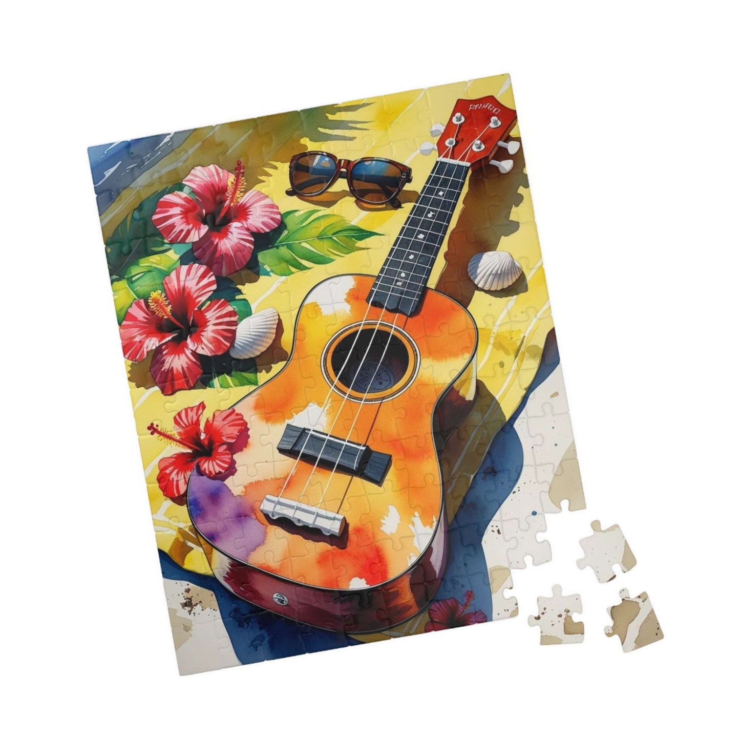 Tropical Beach Ukulele Puzzle with Hibiscus, Seashells, Sunglasses - Summer Gift for Music Lovers, Beach Fans and Relaxing Vacation Vibes