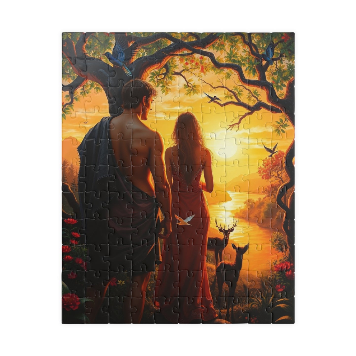 Christian Jigsaw Puzzle - Adam and Eve Garden of Eden at Sunset, Religious Gift for Friends, Cozy Nights In Solo Fun Family, Mental Exercise 110 pcs (Vertical) Puzzle The Puzzle Chest