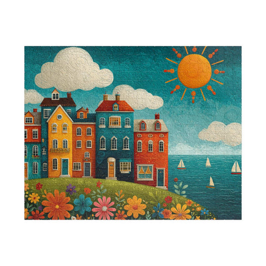 Seaside Village Jigsaw Puzzle - Coastal Ocean Scene, Colorful Beach Town with Bright Flowers, Sailboats, and Sun Puzzle The Puzzle Chest