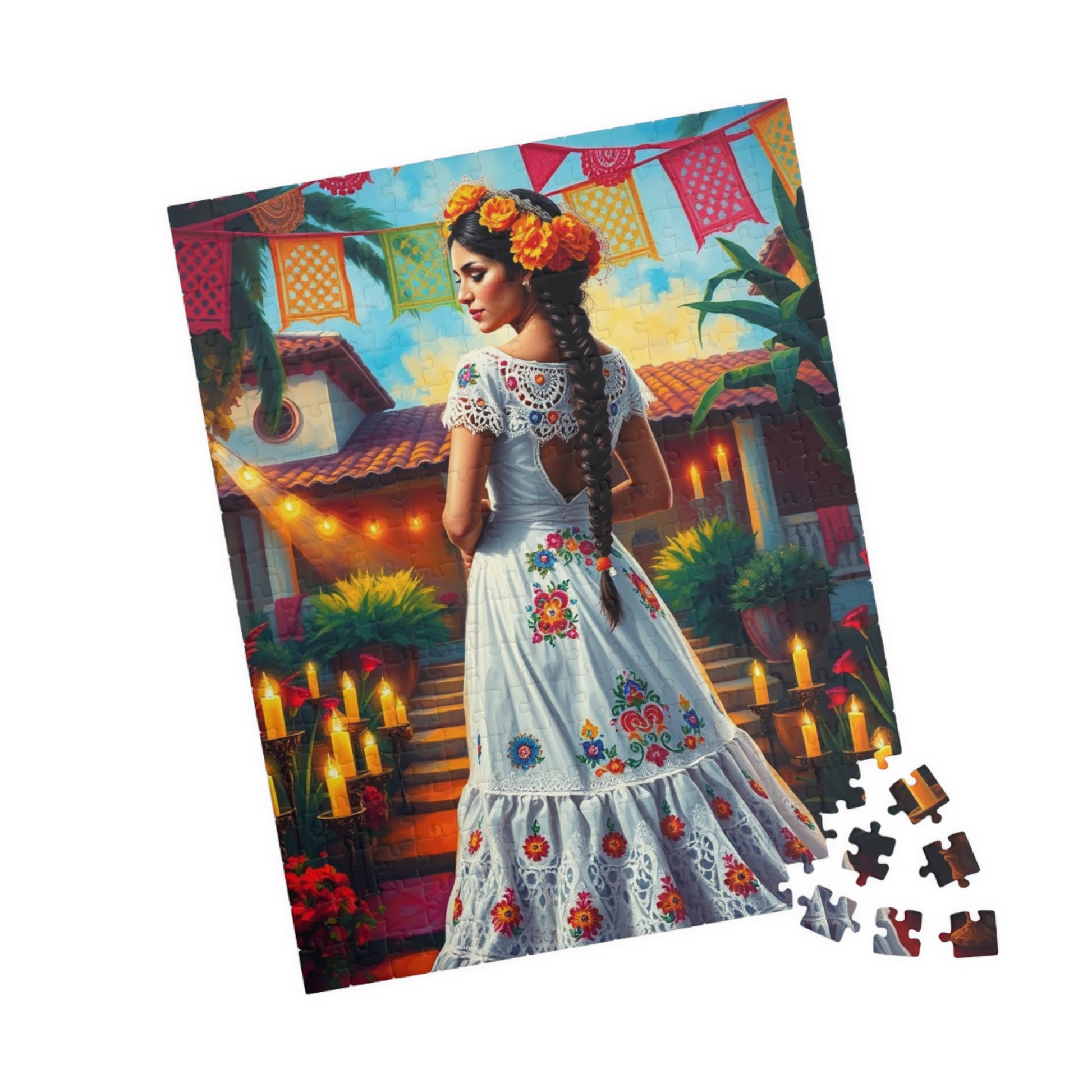 Mexican Bride Jigsaw Puzzle (110-1014 Piece), Lace Gown, Otomi Flowers, Hacienda Candles, Wedding Dress Design, Cultural Artwork Folklore Puzzle The Puzzle Chest