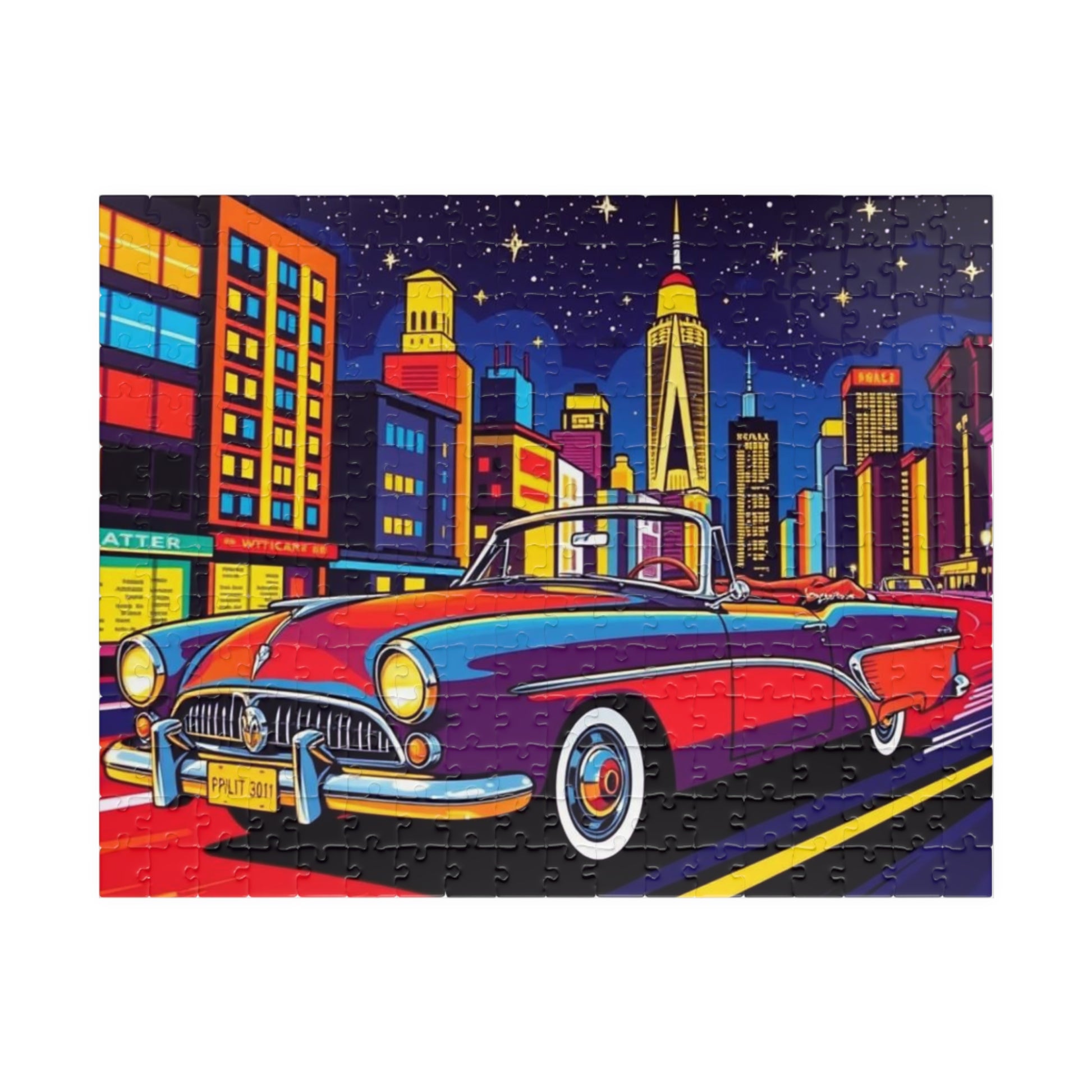 Classic Car Puzzle - Pop Art Jigsaw Game, Retro City Night Scene 252 pcs (Horizontal) Puzzle The Puzzle Chest