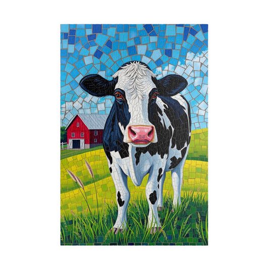 Mosaic Art Cow Jigsaw Puzzle, Peaceful Rural Landscape, Black and White Cow in a Farm Pasture with Red Barn and Blue-Sky Tabletop Game, Gift 1014 pcs (Vertical) Puzzle The Puzzle Chest