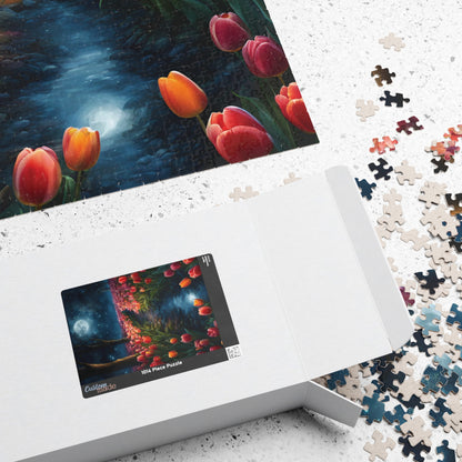 Magical Nighttime Tulip Puzzle, Peaceful Floral Scene Under the Moon, Glowing Flowers and Tranquil River Jigsaw Game, Gift for Nature Lover Puzzle The Puzzle Chest