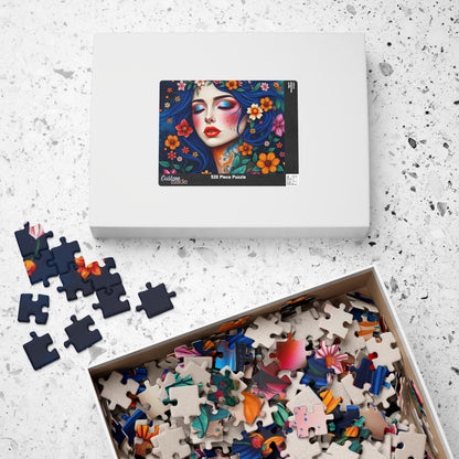 Floral Blue-Haired Woman Puzzle | Vibrant Portrait Jigsaw