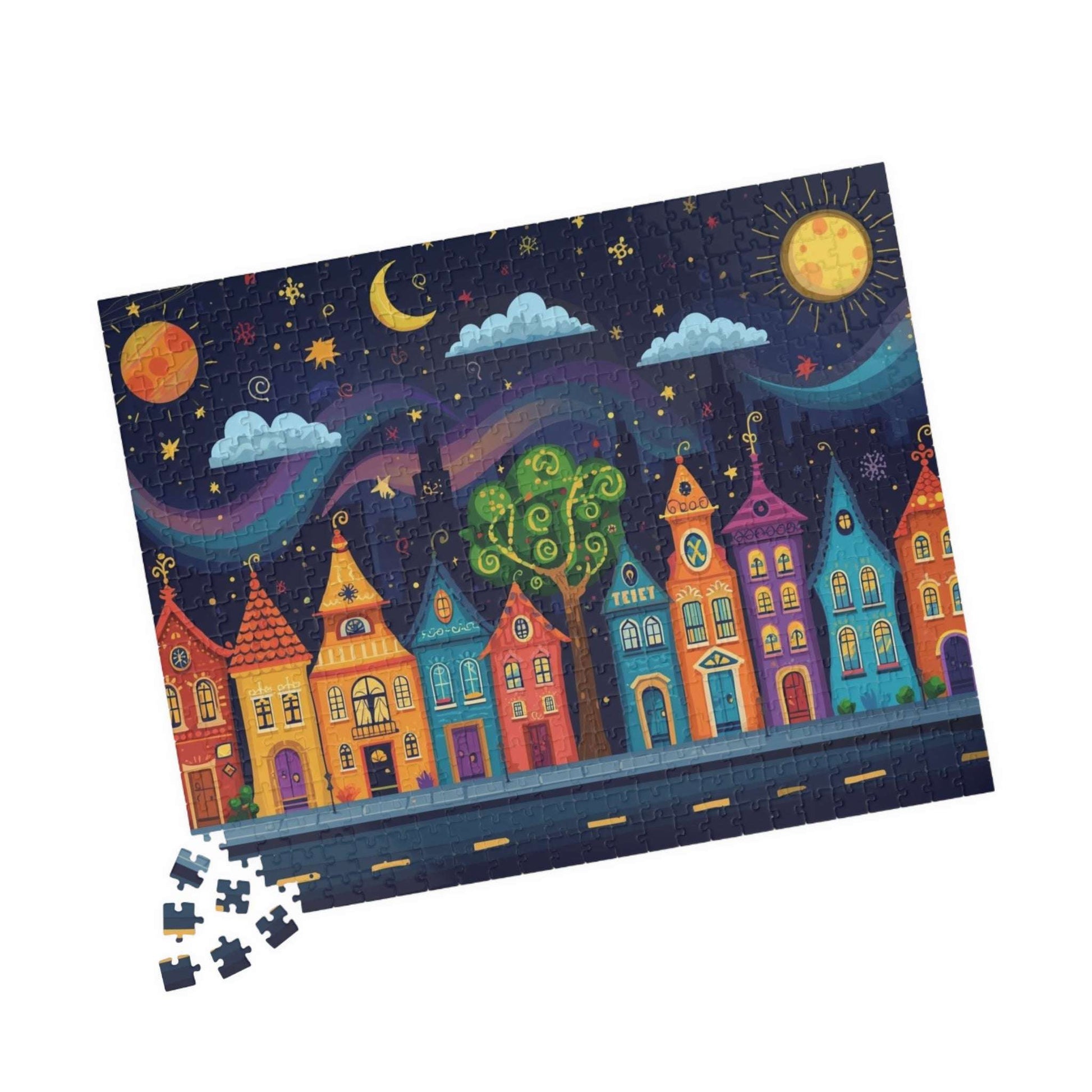 Raindrop Row Town Jigsaw Puzzle - Nighttime Village Puzzle Game Puzzle The Puzzle Chest