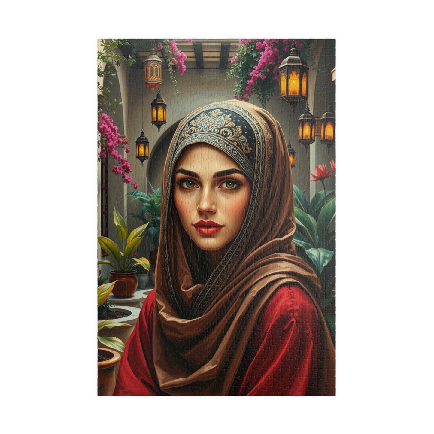 Middle Eastern Cultural Art Jigsaw Puzzle, Woman in Hijab Courtyard Scene, Hanging Lanterns Vibrant Plants, Puzzle Enthusiast Art Lover Gift 1014 pcs (Vertical) Puzzle The Puzzle Chest