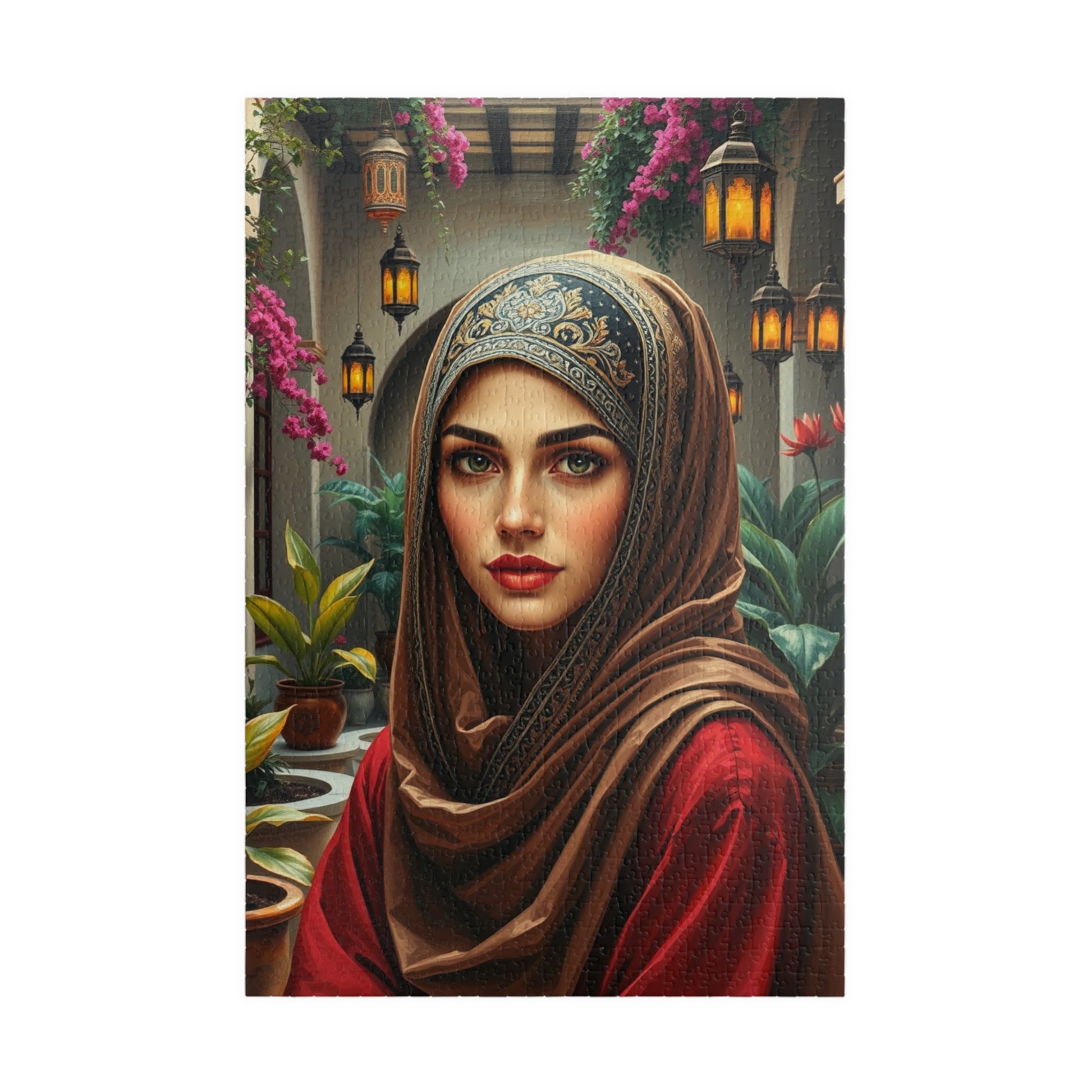 Middle Eastern Cultural Art Jigsaw Puzzle, Woman in Hijab Courtyard Scene, Hanging Lanterns Vibrant Plants, Puzzle Enthusiast Art Lover Gift 1014 pcs (Vertical) Puzzle The Puzzle Chest