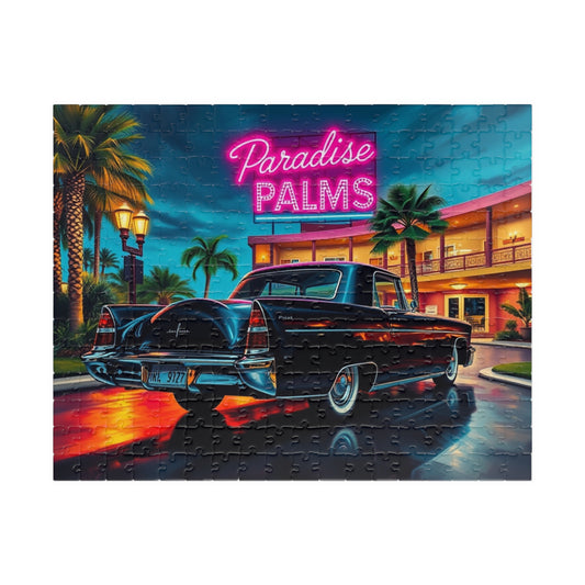 Vintage Car Jigsaw Puzzle, Black 1956 Lincoln Continental, Retro Hotel Scene with Classic Vehicle, Ideal Gift for Him, Family Game Nights 252 pcs (Horizontal) Puzzle The Puzzle Chest