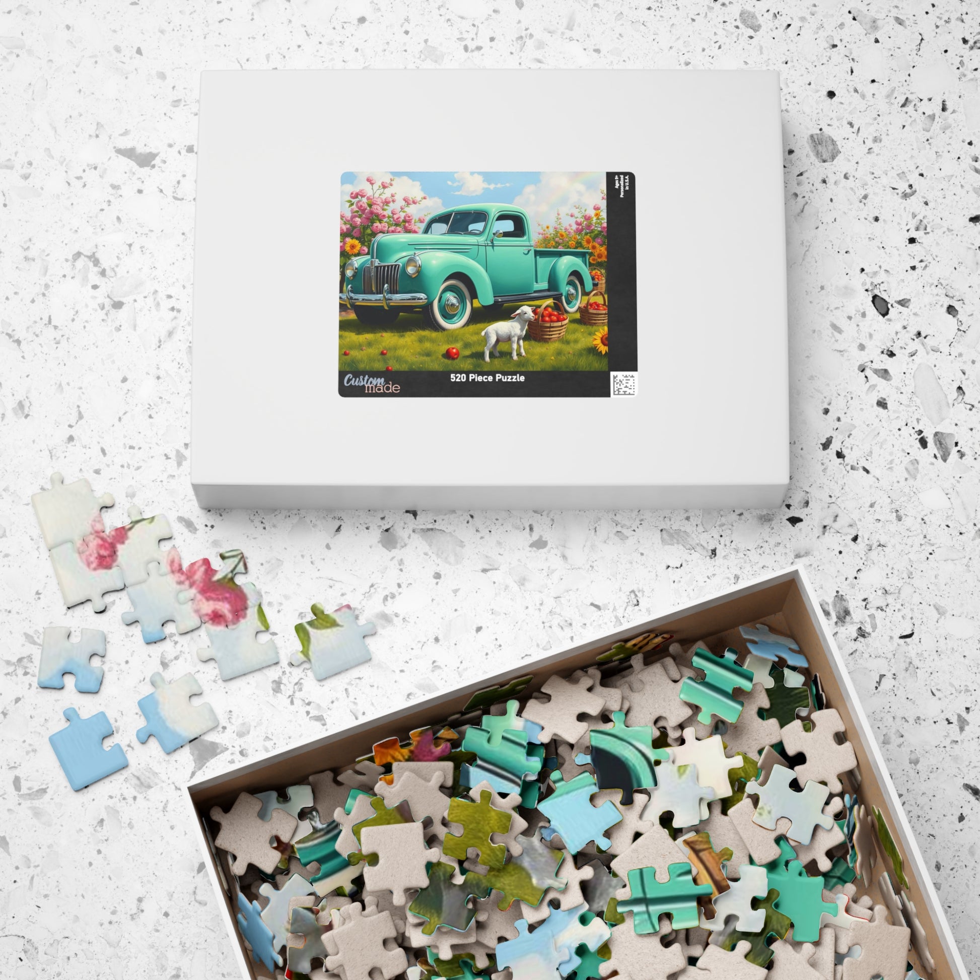 Vintage Teal Pickup Truck Puzzle — Spring Lamb & Flower Farm Jigsaw (110–1014 pcs) Puzzle The Puzzle Chest