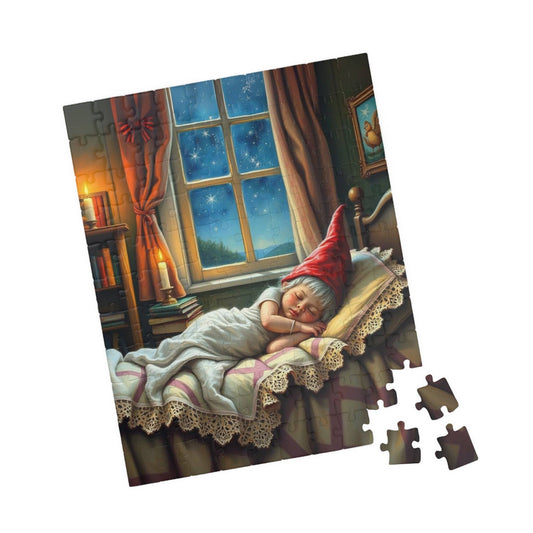 Cottagecore Gnome Sleeping in Rustic Bedroom – Vintage Cozy Night Jigsaw Puzzle 110 pcs (Vertical) Puzzle The Puzzle Chest