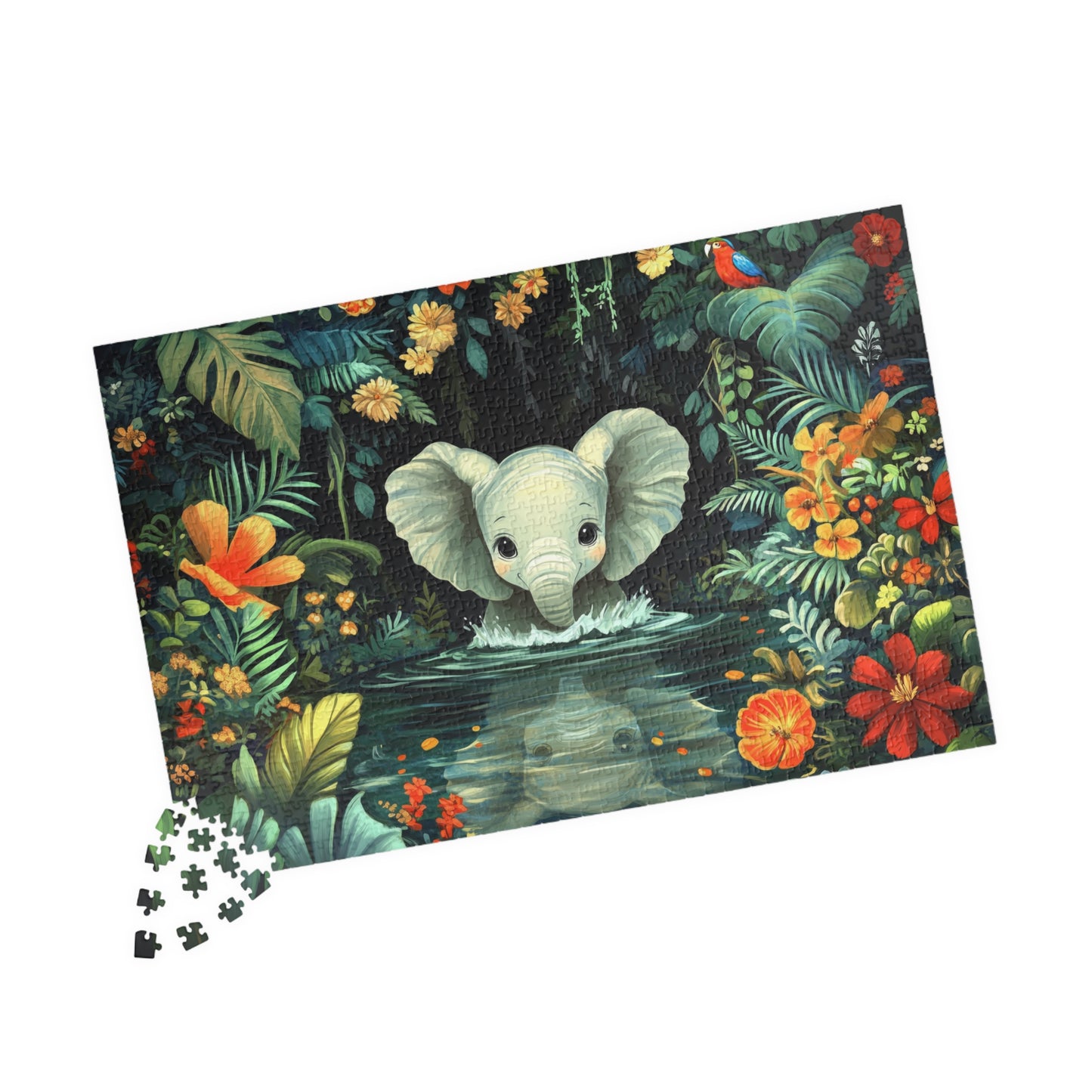 Baby Elephant in Jungle Puzzle | Floral Tropical Scene 110-1014pc 1014 pcs (Horizontal) Puzzle The Puzzle Chest
