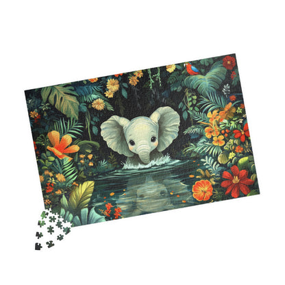Baby Elephant in Jungle Puzzle | Floral Tropical Scene 110-1014pc 1014 pcs (Horizontal) Puzzle The Puzzle Chest