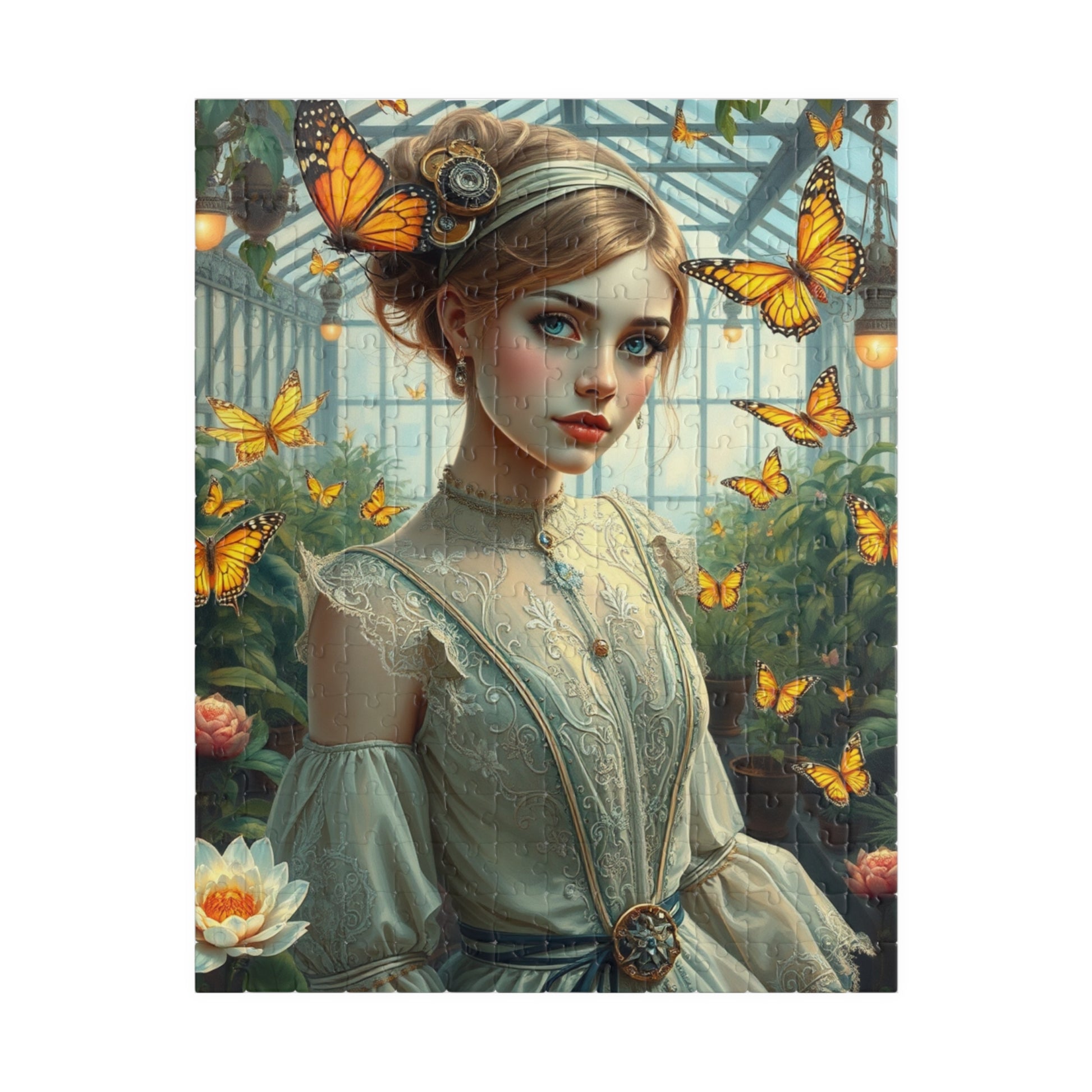 Steampunk Jigsaw Puzzle - Mechanical Butterfly and Woman in Greenhouse, 110 252 520 1014-Piece, Fun Family Activity, Unique Puzzle Lover Gift 252 pcs (Vertical) Puzzle The Puzzle Chest