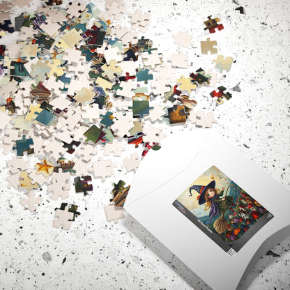 Friendly Flying Folklore - Whimsical Halloween Witch Jigsaw Puzzle, Folk Art Gift for Adult Puzzle Lover Family Game Night Indoor Activity