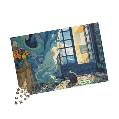 Cat and the Blue Window – Serene Fauvist Jigsaw Puzzle, Animal Theme Seaside Kitten Puzzle, Matisse-Inspired 1014 pcs (Horizontal) Puzzle The Puzzle Chest