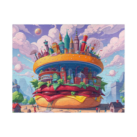 Giant Burger Cityscape Pop Art Puzzle, Colorful Fun and Unique Jigsaw Game Toy, Gift for Food and Urban Art Lovers, Entertaining Pastime 252 pcs (Horizontal) Puzzle The Puzzle Chest