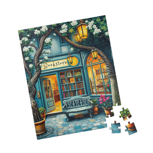 Artistic Bookstore Jigsaw Puzzle – Teal Facade and Garden Bench, Game for Book Lovers 110 pcs (Vertical) Puzzle The Puzzle Chest