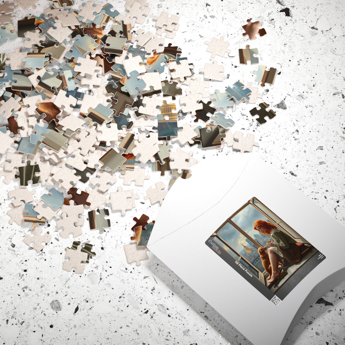 Jigsaw Puzzle, Woman Sitting on Windowsill with Red Hair, Books, Dog, Cityscape, Rainy Sky, 110, 252, 520, 1014-Piece - Relaxing Indoor Puzzle The Puzzle Chest