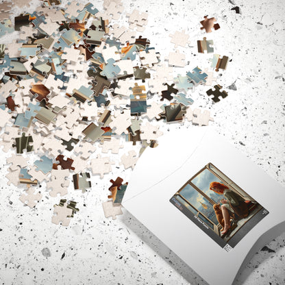 Jigsaw Puzzle, Woman Sitting on Windowsill with Red Hair, Books, Dog, Cityscape, Rainy Sky, 110, 252, 520, 1014-Piece - Relaxing Indoor Puzzle The Puzzle Chest