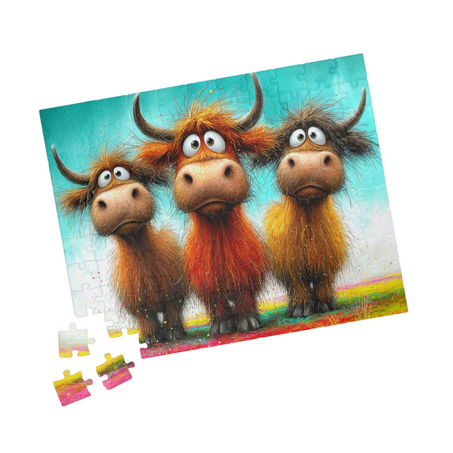 Three Cartoon Highland Cows Puzzle | 110/252/520-piece Jigsaw 110 pcs (Horizontal) Puzzle The Puzzle Chest