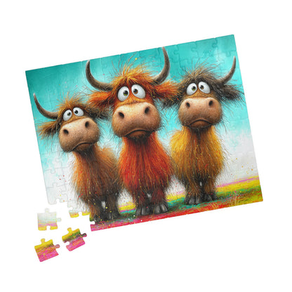 Three Cartoon Highland Cows Puzzle | 110/252/520-piece Jigsaw 110 pcs (Horizontal) Puzzle The Puzzle Chest