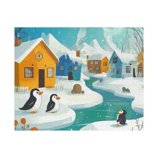 Penguin Winter Village Puzzle | Scenic Snowy Town Jigsaw Puzzle The Puzzle Chest