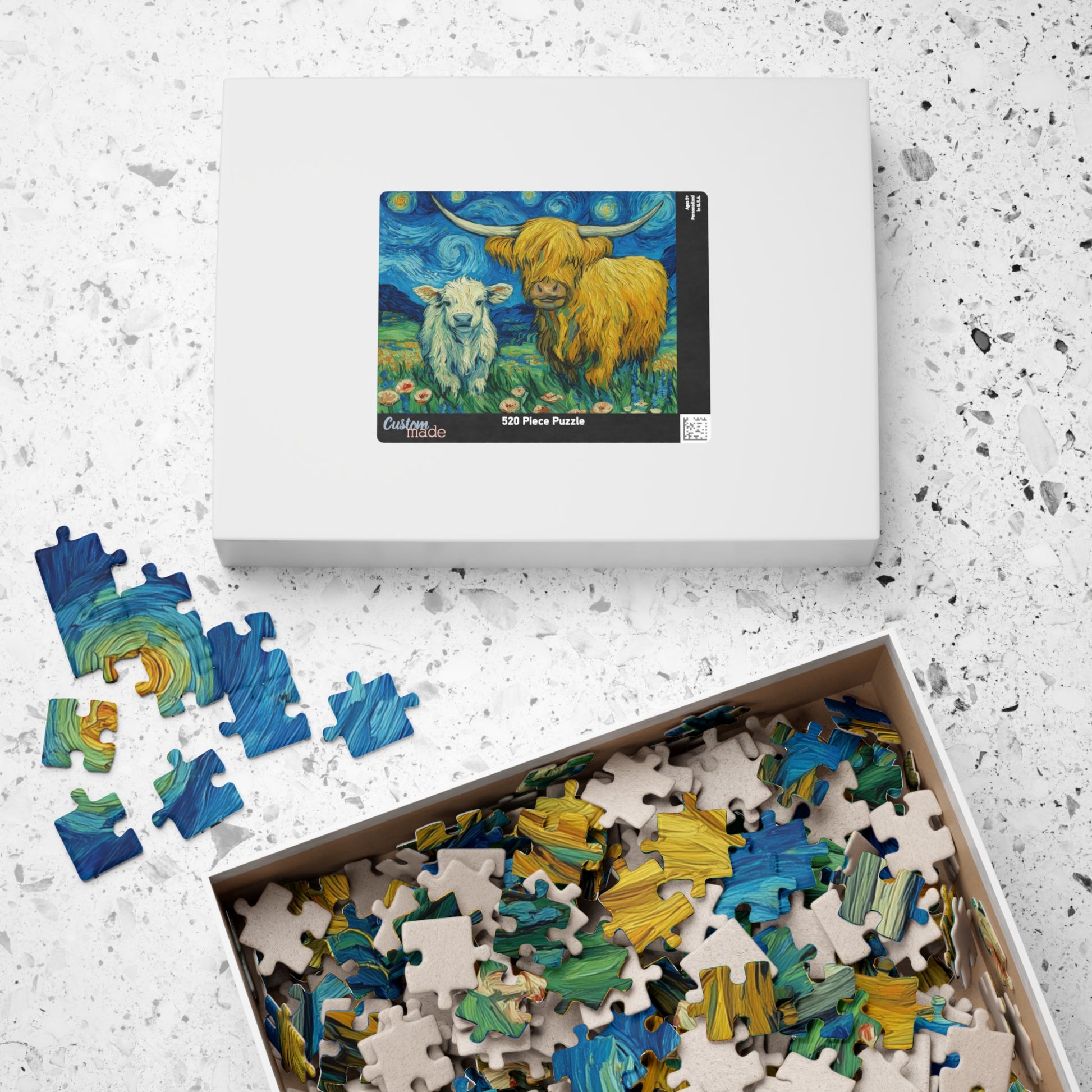 Highland Cow and Calf Puzzle 110/252/520/1014-piece | Van Gogh Starry Sky Style Jigsaw Puzzle The Puzzle Chest