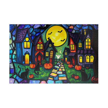 Halloween Puzzle for Adults - Spooky Village Black Cat Scene
