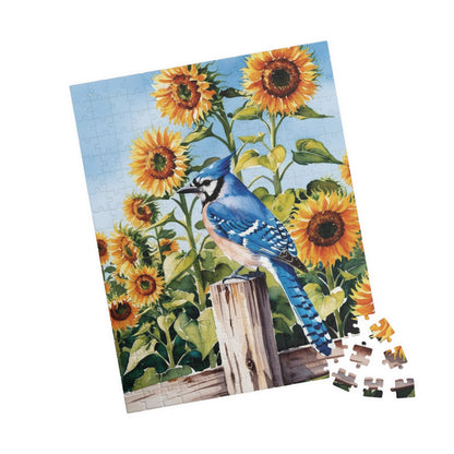 Blue Jay Sunflower Field Jigsaw Puzzle, Bird Enthusiasts Nature Lover Gift, Staycation Activity Mindfulness Stress Relief Animal Theme Game Puzzle The Puzzle Chest