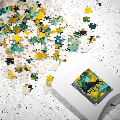 Cat with Tropical Leaves – Vibrant Fauvist Jigsaw Puzzle, Animal Theme Jungle Mystical Black Cat Art Puzzle Puzzle The Puzzle Chest