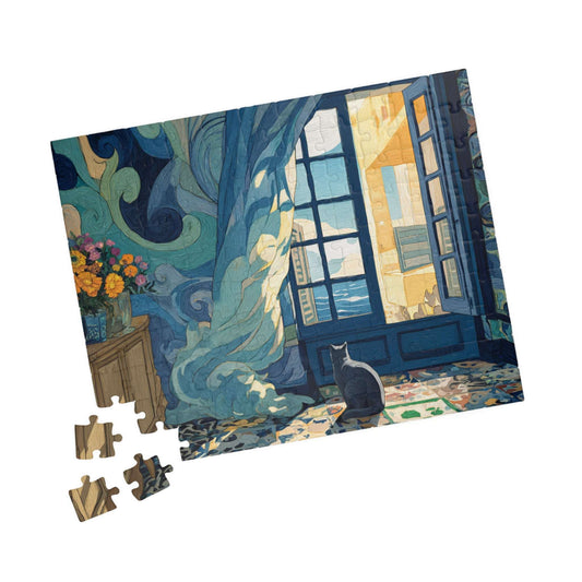 Cat and the Blue Window – Serene Fauvist Jigsaw Puzzle, Animal Theme Seaside Kitten Puzzle, Matisse-Inspired 110 pcs (Horizontal) Puzzle The Puzzle Chest