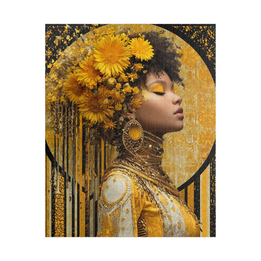 Elegant Afrocentric Jigsaw Puzzle - Melanin African American Queen in Gold Jewelry and Flower Crown Puzzle The Puzzle Chest