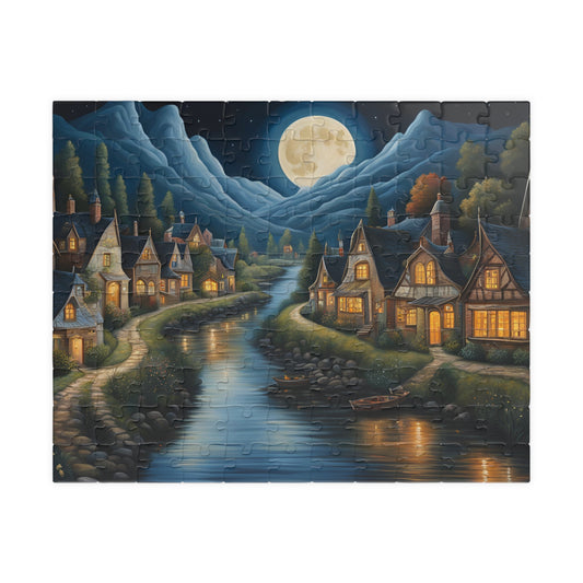 Nordic Night Village Puzzle, Serene Moonlit River Landscape, Cozy Scandinavian River Town Jigsaw Game, Mindfulness Gift for Puzzle Lover 110 pcs (Horizontal) The Puzzle Chest