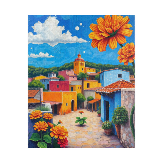 Mexican Village Jigsaw Puzzle, 110 252 520 1014 Pieces, Colorful Houses Milagros Marigolds Blue Sky, Gift for Puzzle Enthusiasts, Mindful 520 pcs (Vertical) The Puzzle Chest