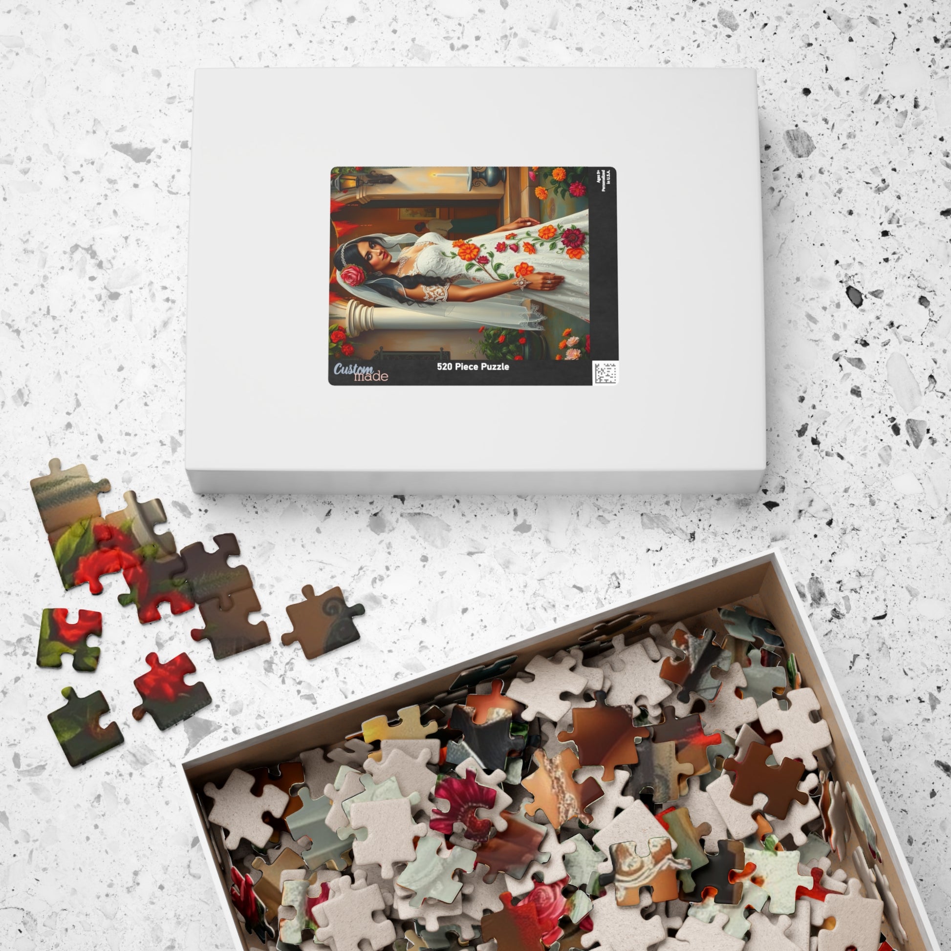 Puzzle - Mexican Bride in Lace Gown, Otomi Flowers Hacienda Candles, 110-1014 Piece Jigsaw, Wedding Dress Design, Cultural Artwork Folklore Puzzle The Puzzle Chest