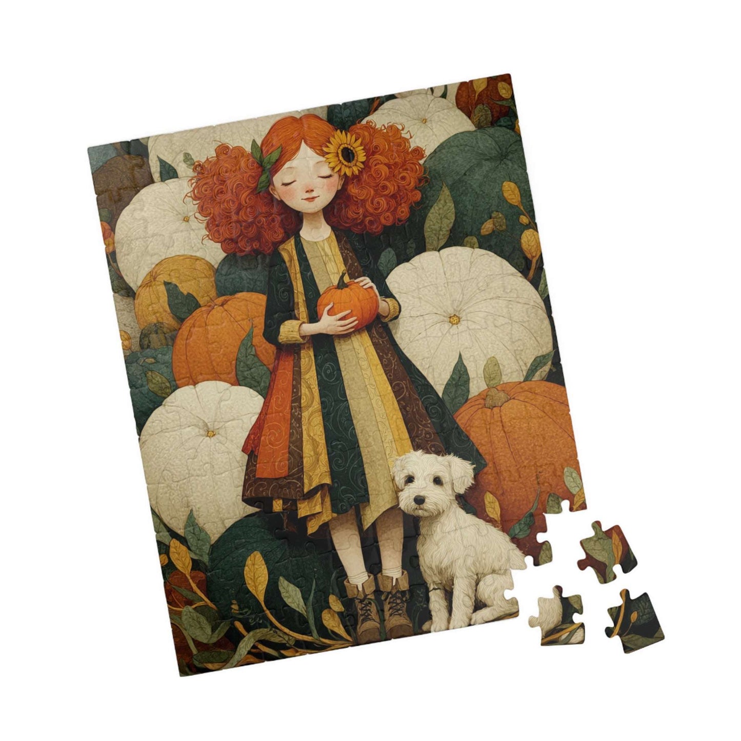 Red-Haired Girl and White Terrier in a Storybook Pumpkin Patch Fairy-Tale Jigsaw Puzzle 110 pcs (Vertical) Puzzle The Puzzle Chest