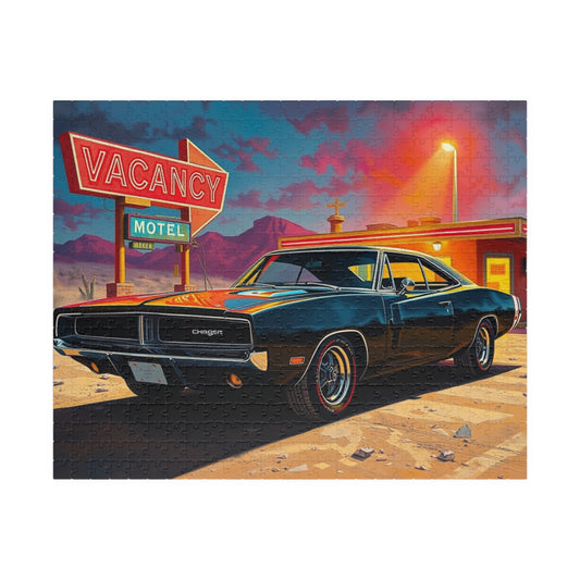 Vintage Muscle Car Puzzle, Black 1969 Dodge Charger, Classic Car Desert Motel Scene Jigsaw Game for Him, Unique Puzzle Lover Gift, Mindful 520 pcs (Horizontal) Puzzle The Puzzle Chest