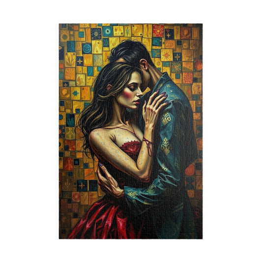 Romantic Embrace Gothic Jigsaw Puzzle, Eerie Couple Hugging Golden Jewel-Toned Patterns, Stress Relief, Unique Dark Art Puzzle Lover Gift 1014 pcs (Vertical) Puzzle The Puzzle Chest