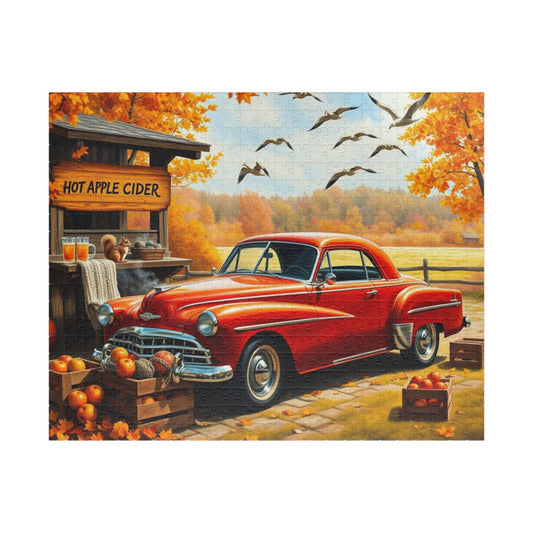 Apple Cider Stand Stop Fall Themed Jigsaw Puzzle - Retro Car Scene, Family Fun Activity, Autumn Decor Gift, Cozy Indoor Entertainment